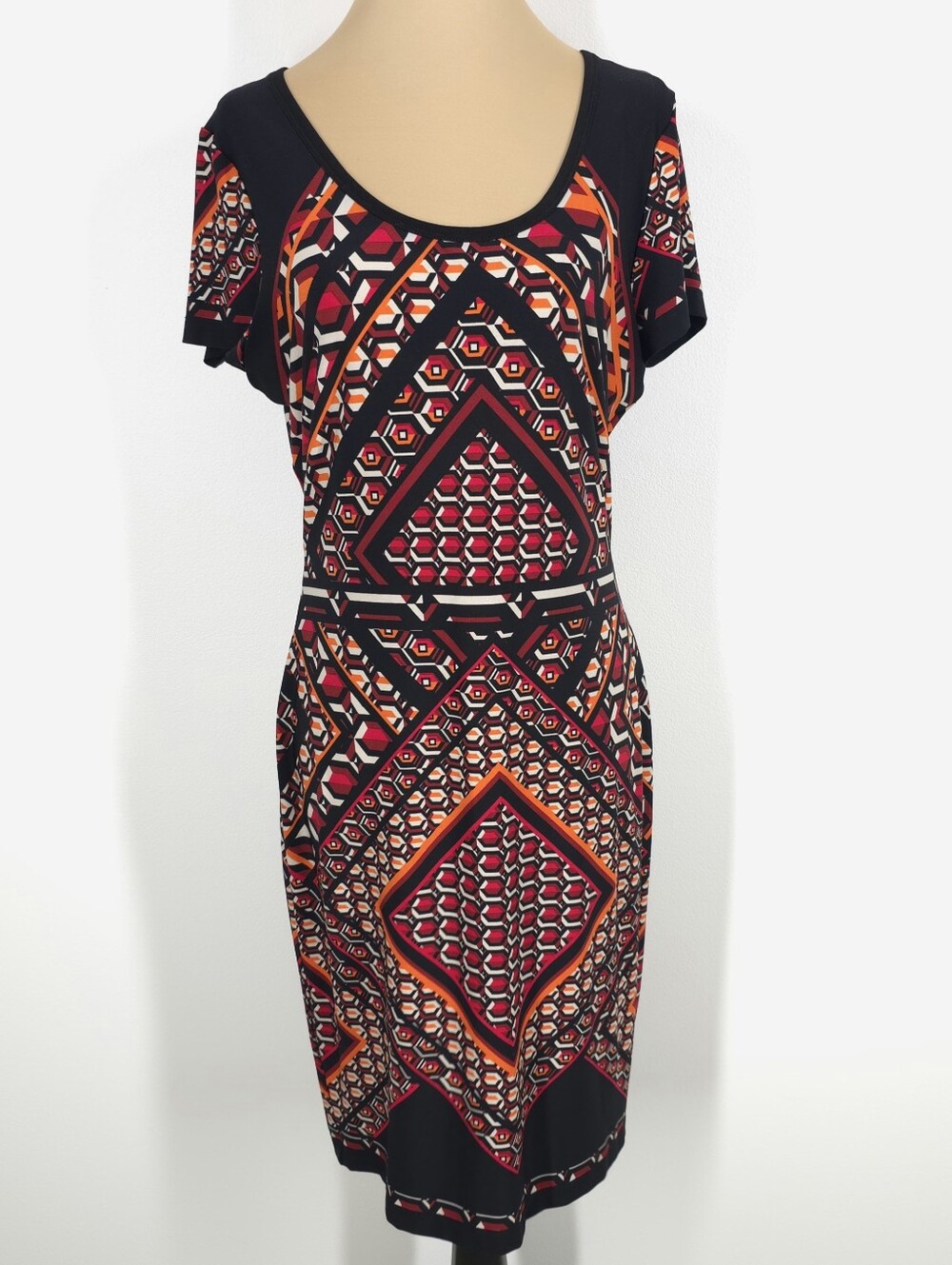 Calvin Klein Black Dress with Red and Orange Geometric Print